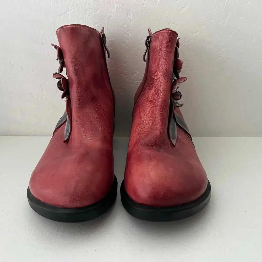 Socofy Rose Handmade Leather Ankle Boots 3D Floral Applique Artsy Size 40/9-9.5